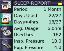 Info menu parameters Parameter Sleep Quality Period Usage Mask Fit AHI Sleep Report Period Days Used Description Displays the following information on last night s usage, mask fit and AHI data.