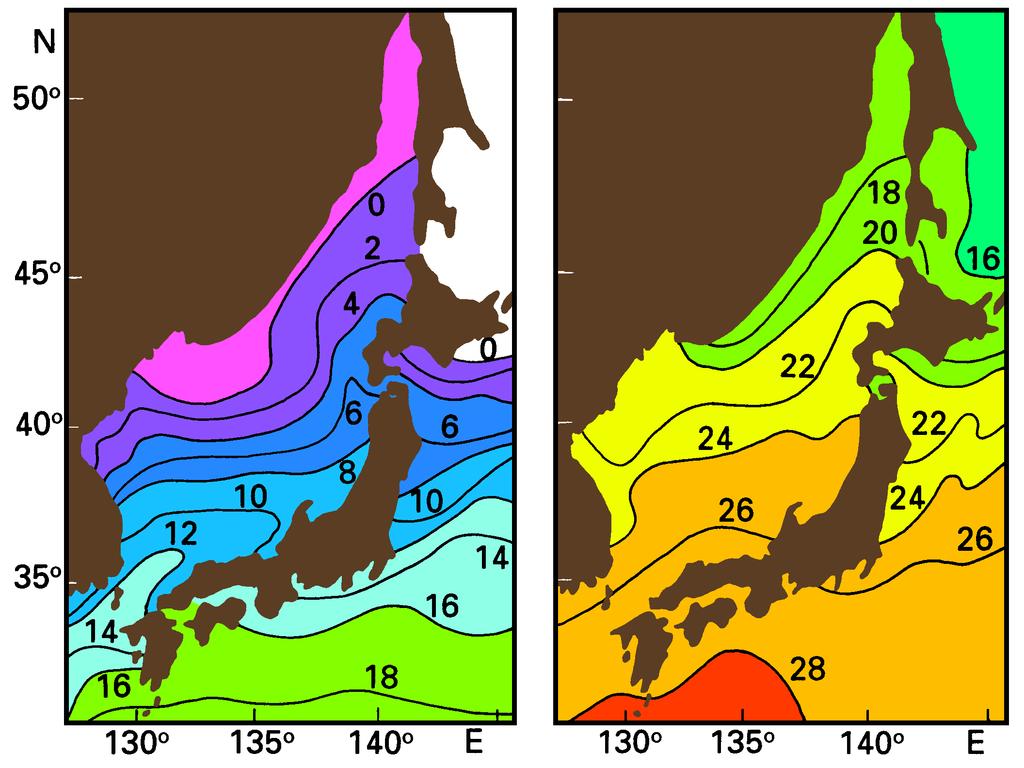 Note the lower minimum temperatures in the west, a result of the cyclonic circulation which brings the cold shelf water to the western part first. See Fig. 10.