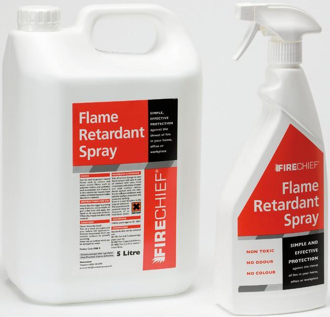 FIRE FIGHTING FLAME RETARDANT SPRAY Product Code: FRS1, FRS2 This easy-to-apply liquid acts as a fire retardant and is ideal for use on soft furnishings.