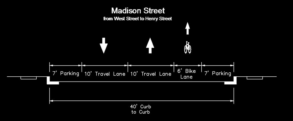 Proposed: Due to the width of Pendleton Street, one bike lane will be installed to move bicycle traffic westward from the waterfront and Union Street bike facilities to West Street, near the Braddock