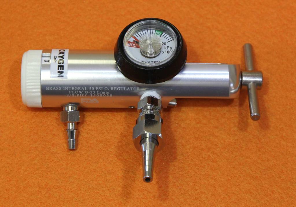 Oxygen Regulators: Image (Not to size) X0184 Oxygen Regulator (Economy Version) Materials: Aluminium Body with Brass Chamber Input Connection: Pin-Index