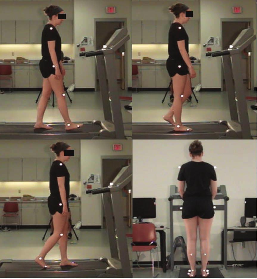 Figure 2. Images from top to bottom, left to right, show one of the subjects during heel strike, mid stance, toe off, and from ear view. All joint markers placed can be seen in these images.