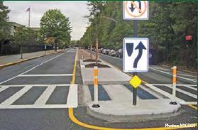 Curb extensions can be provided at signalized and unsignalized intersections, but should be avoided on higher speed roads. Figure 38: An illustration of a curb extension and a vehicle parked.