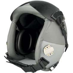 The HGU-55/P features a leather edge roll covering the soft foam core, specially integrated chin/nape strap, visor bump stops atop the helmet, and an innovative matte clear coat with a rigid