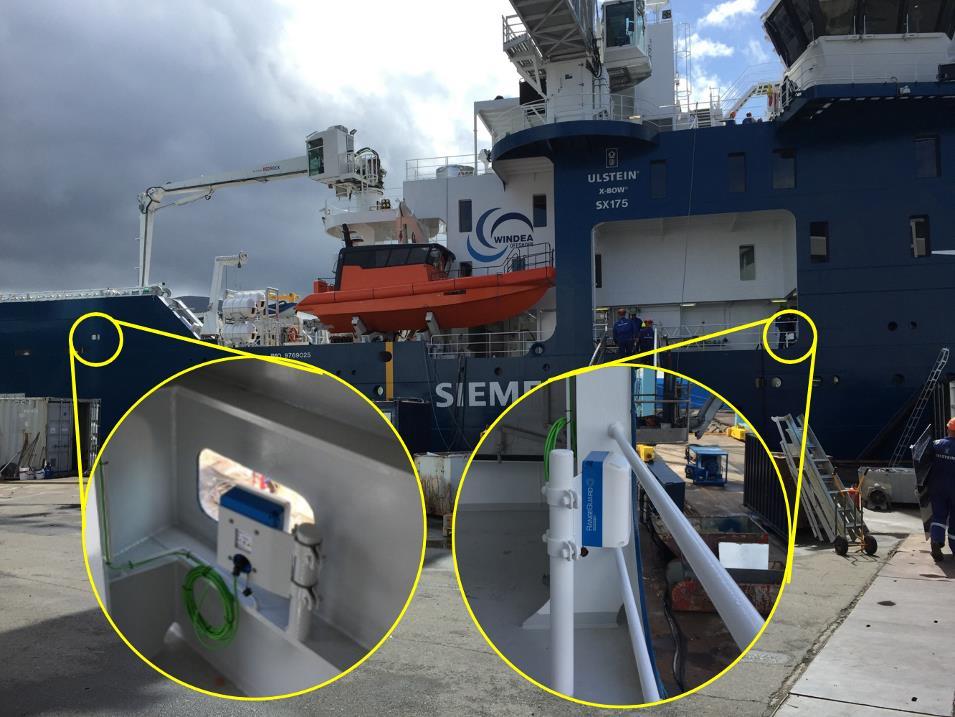 Sensors were installed on the vessel at the yard on the starboard side of the vessel the same side as the motion compensated gangway, see figure 3. Figure 3. Sensor installation on the Windea La Cour.