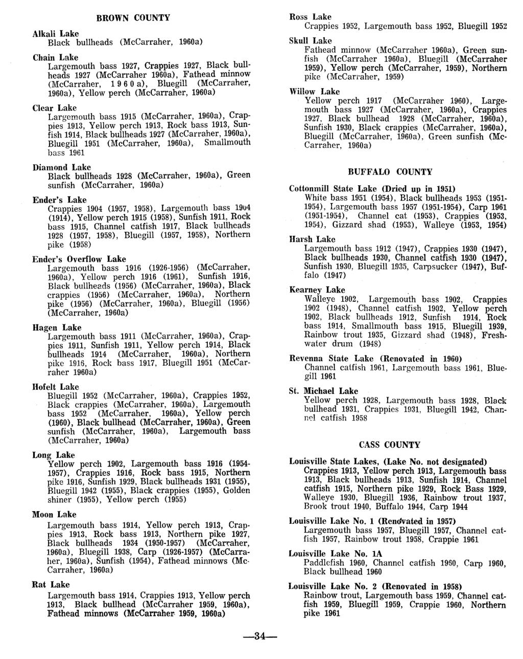 BROWN COUNTY Alkali Lake Black bullheads (McCarraher, 1960a) Chain Lake Largemouth bass 1927, Crappies 1927, Black bullheads 1927 (McCarraher 1960a), Fathead minnow (McCarraher, 1 9 6 0 a), Bluegill