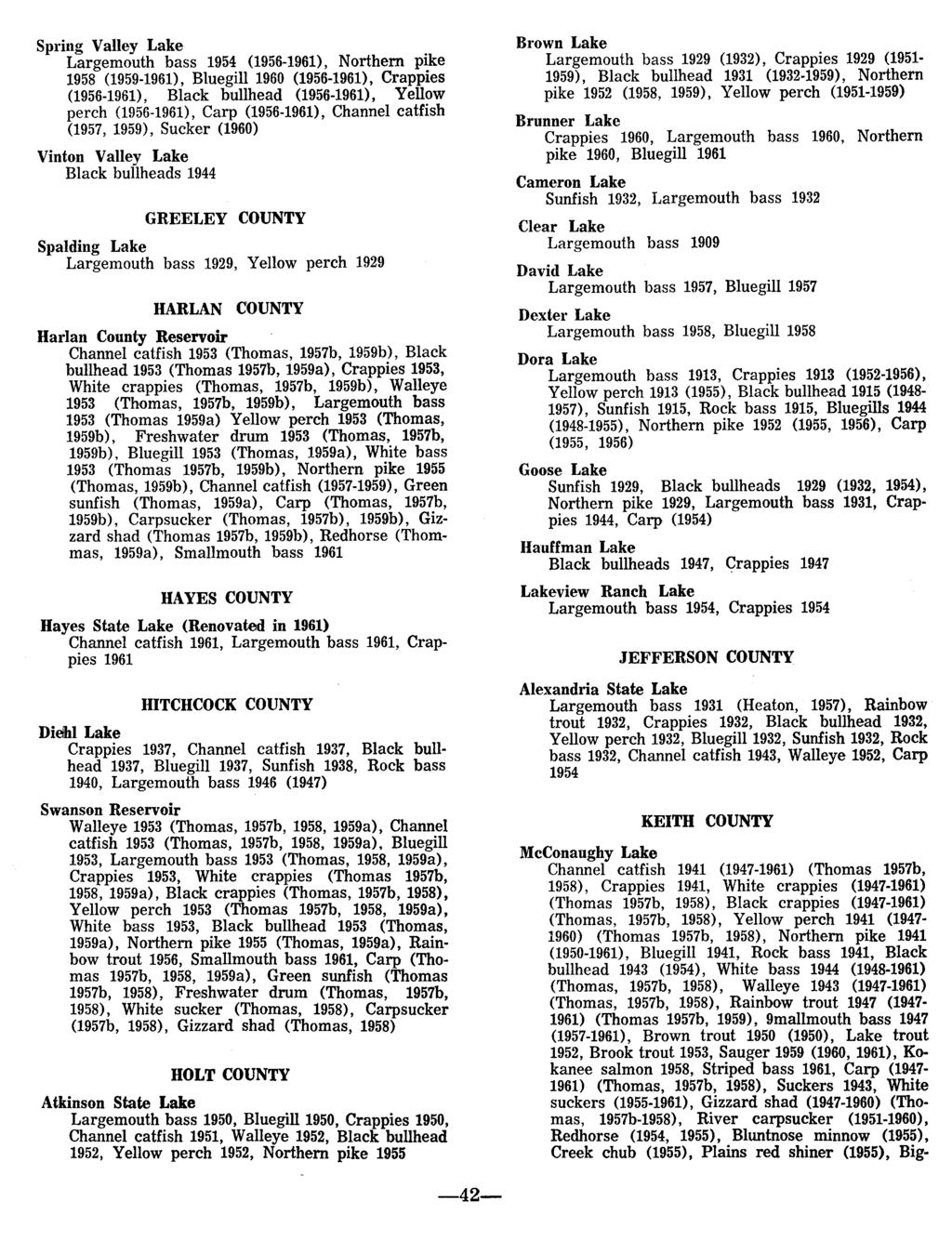 Spring Valley Lake Largemouth bass 1954 (1956-1961), Northern pike 1958 (1959-1961), Bluegill 1960 (1956-1961), Crappies (1956-1961), Black bullhead (1956-1961), Yellow perch (1956-1961), Carp