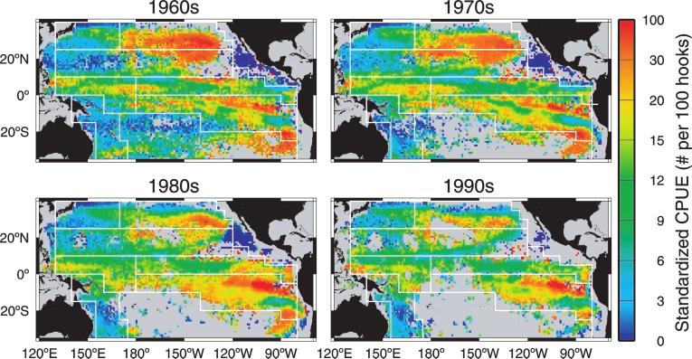 152 K. A. Bigelow et al. Figure 11. Spatial comparison of bigeye standardized CPUE in the Japanese longline fishery during the last four decades.