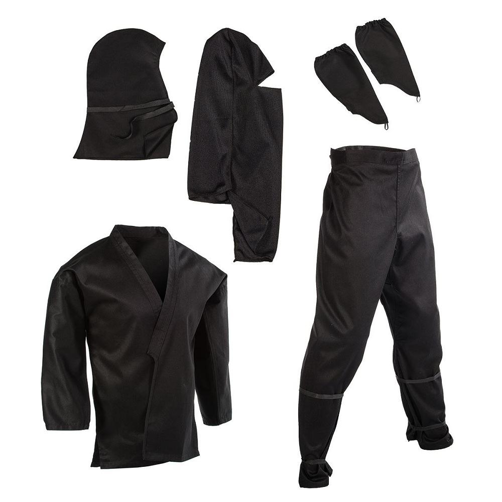 ARTICLE #: MA-105 - HIDDEN STAR POCKET - DRAWSTRING PANTS - TRADITIONAL STYLE NINJA UNIFORM - INCLUDES JACKET, PANTS, ARM PIECES, MASK AND HOOD DESCRIPTION: An authentic ninja outfit.