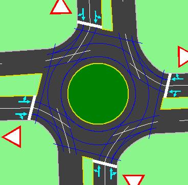 Steps to create a 2x2 roundabout with slip lanes: 1. Set Right Turn Channelized to Yield or Free from none (LANE settings). 2. Add a right turn lane if desired (SIGNING settings). 3.