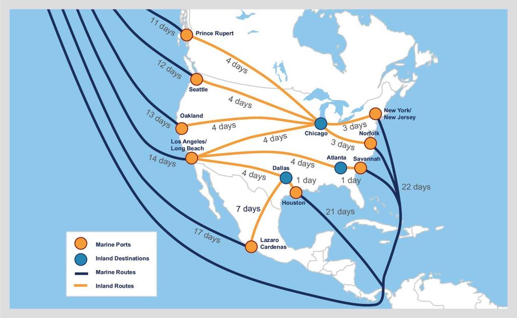 Routes from Northeast Asia to Major North American destinations Source: