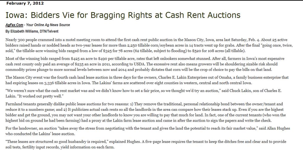 Low winning auction bid, $325/acre (subject