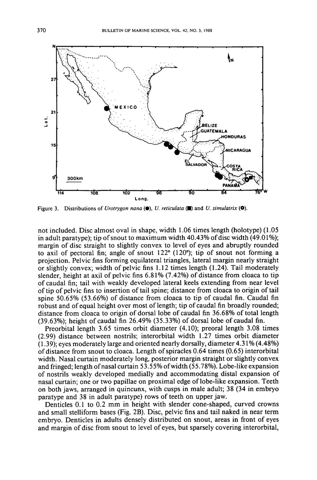 370 BULLETIN OF MARINE SCIENCE, YOLo 42, NO.3, 1988 2.'.-.---;---."'\,,..-.. '.,,...." " -...J 21 15 300km 114 108 102 Long. Figure 3, Distributions of Urotrygon nana (.), U. reticu/ata (II) and U.
