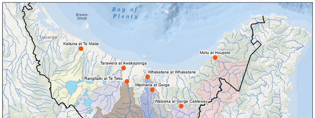 Figure 7: Map of the Bay of Plenty region displaying the position of flow recorders used for the study and their associated catchments.