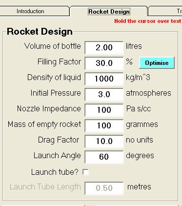 Rocket Design Tab The left-hand side of the screen features the parameters that you can control. They are all inside a Rocket Design control box.