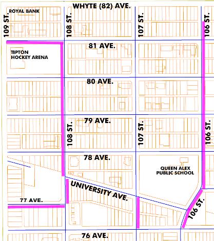 Active transportation New Sidewalk Locations: South 81 Ave (109 St to 108 St) West 108 St (81 Ave to University Ave) East 108 St