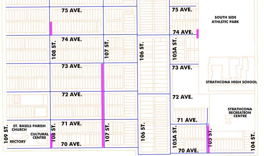 New Sidewalk Locations: East 108 St (70 Ave to alley north of 70 Ave) Active transportation East 108 St (74 Ave to alley north