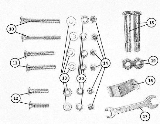 Washers (qty 6) 14. Locking Nut (qty 6) 15. End Caps (qty 2) 16. Safety Shim 17. Assembly wrench - open or closed version 18. Medium Thick Bolt (qty 2) 19.