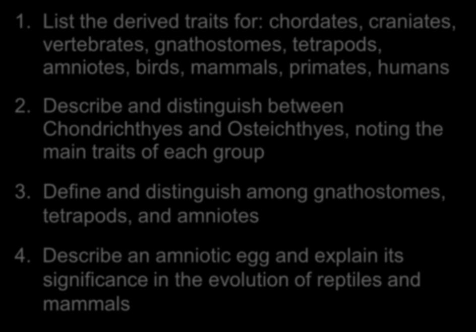 You should now be able to: 1. List the derived traits for: chordates, craniates, vertebrates, gnathostomes, tetrapods, amniotes, birds, mammals, primates, humans 2.