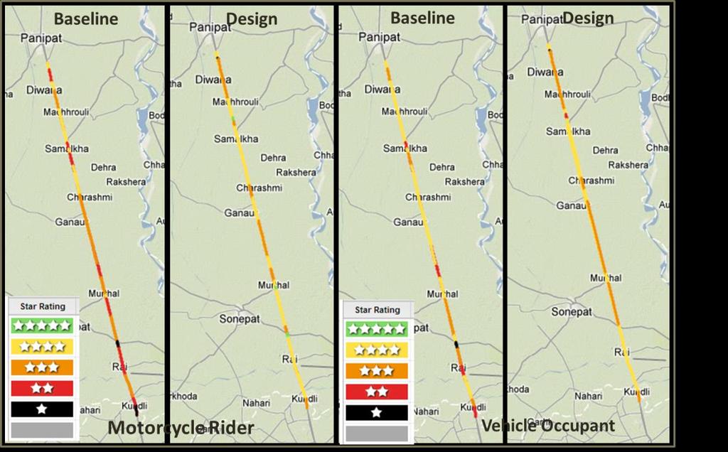 Figure 6 Star Rating Maps of NH-1, Comparison of Baseline vs.