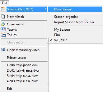 48 - Data Volley 2007 2.2.2 CREATE A NEW SEASON You can create a Season by clicking on NEW SEASON in the Season menu. Or by clicking NEW in the window that will appear selecting ORGANISE SEASON.