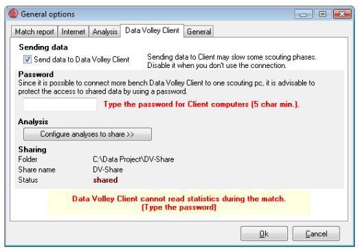 Data Volley 2007-67 2.6.2.4 DATA VOLLEY 2007 CLIENT SETTINGS (Professional version only) This window allows you to decide, by ticking the relevant box, whether to send data to Data Volley 2007 or not.