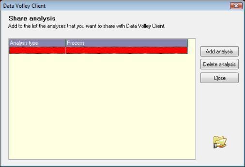 share. Using the Add analysis and delete analysis button you can define the analysis you want to share. These analyses will then be imported from the client workstation at the start of the connection.