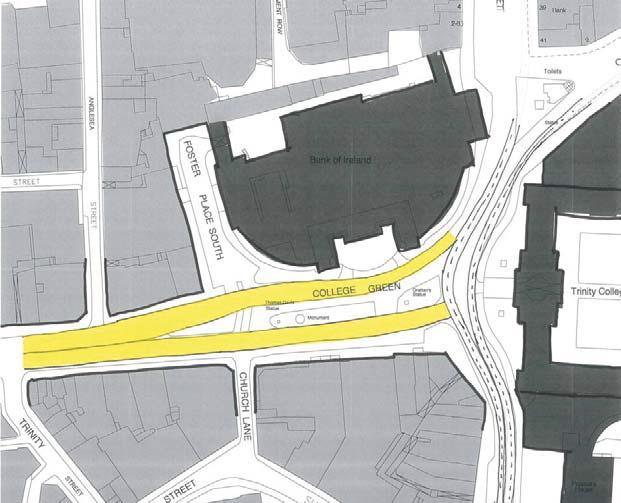 place-making considerations. Two options were considered for the carriageway alignment: Option A, aligning the carriageway to the north of the space (i.e. in front of the Bank of Ireland building), and Option B with the carriageway running along the south side.
