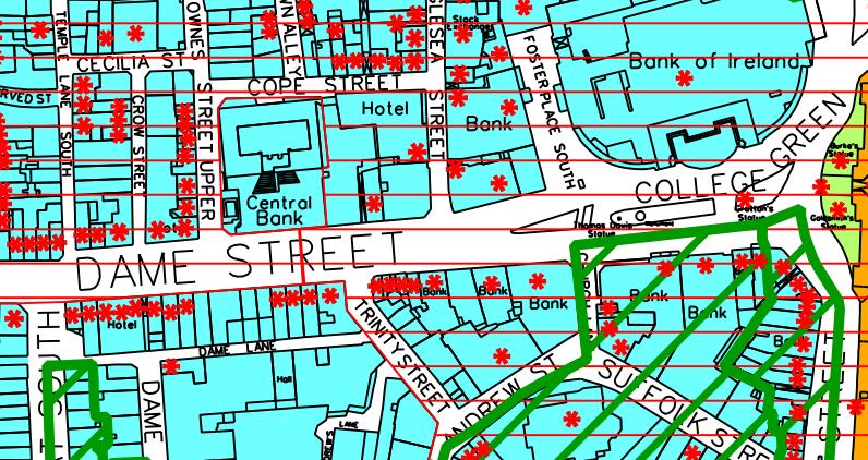 Dame Street, College Green, Foster Place South, Church Lane, St Andrew Street and Trinity Street are within a Conservation Area (red stripe hatch), while part of College Green, Church Lane and part