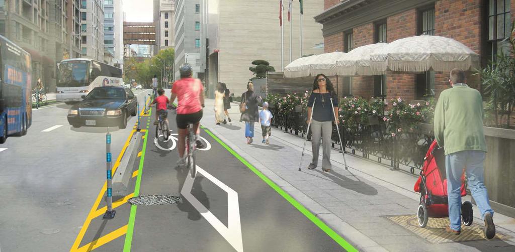 Major Impacts Sketch of cycle track on Simcoe Street, looking north, north of King Street Lose two travel lanes during peak traffic periods (these lanes are used for parking and loading during