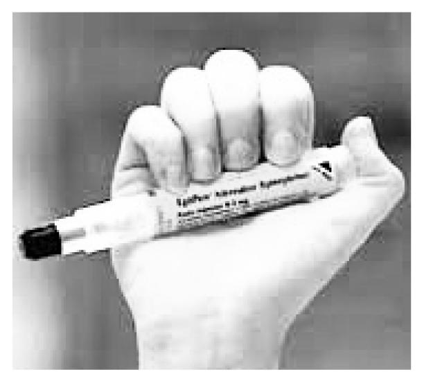 Continue to monitor the victim for responsiveness. Using an auto injector: Remove safety cap. Victim should place the black tip on their outer thigh.