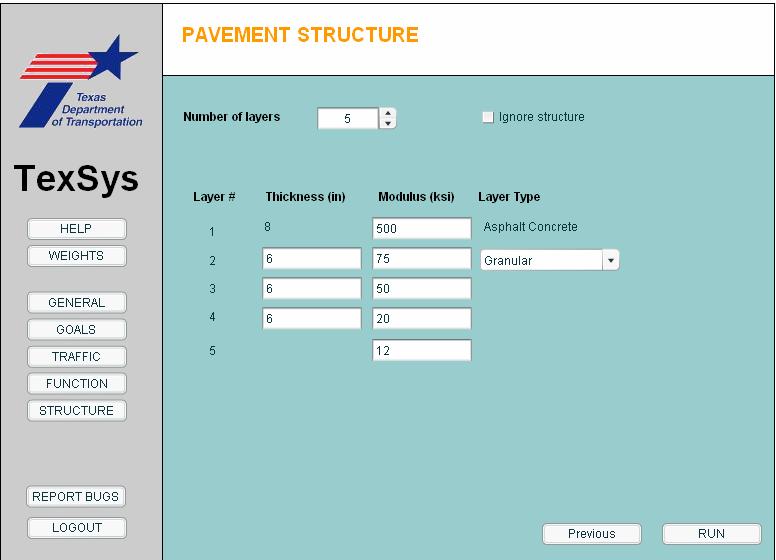 Structure In the last input page the user can indicate the pavement structural information.
