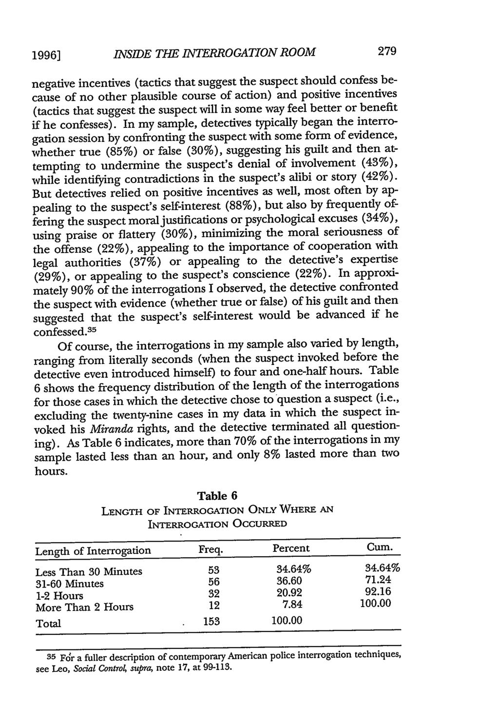 1996] INS1DE THE INTERROGATION ROOM negative incentives (tactics that suggest the suspect should confess because of no other plausible course of action) and positive incentives (tactics that suggest