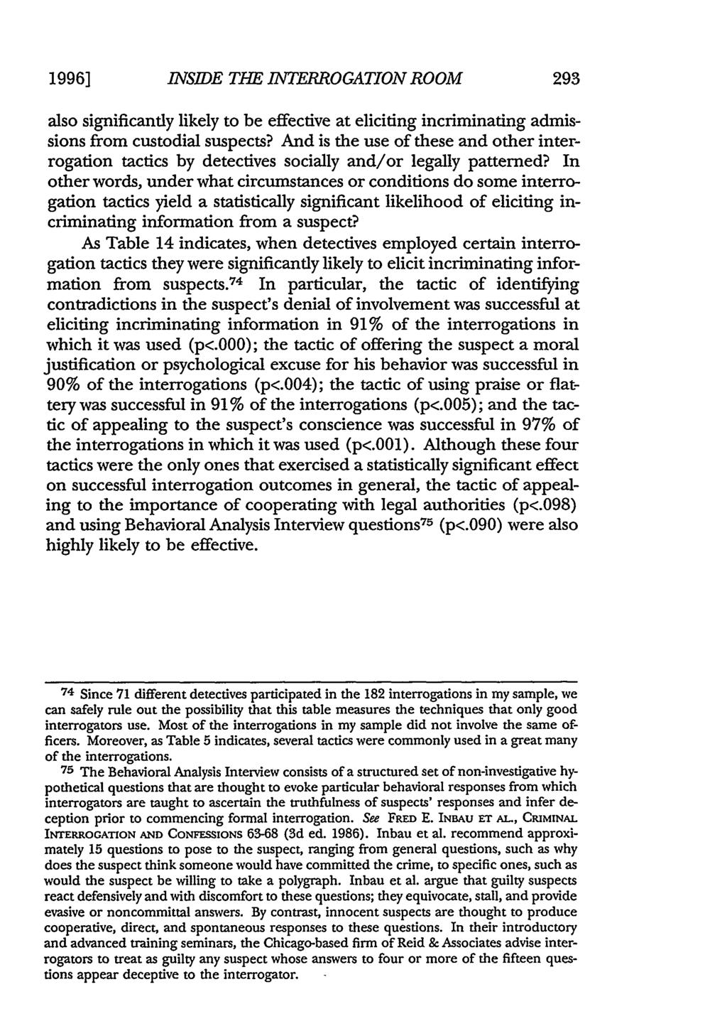 1996] 1NS1DE THE INTERROGATION ROOM 293 also significantly likely to be effective at eliciting incriminating admissions from custodial suspects?