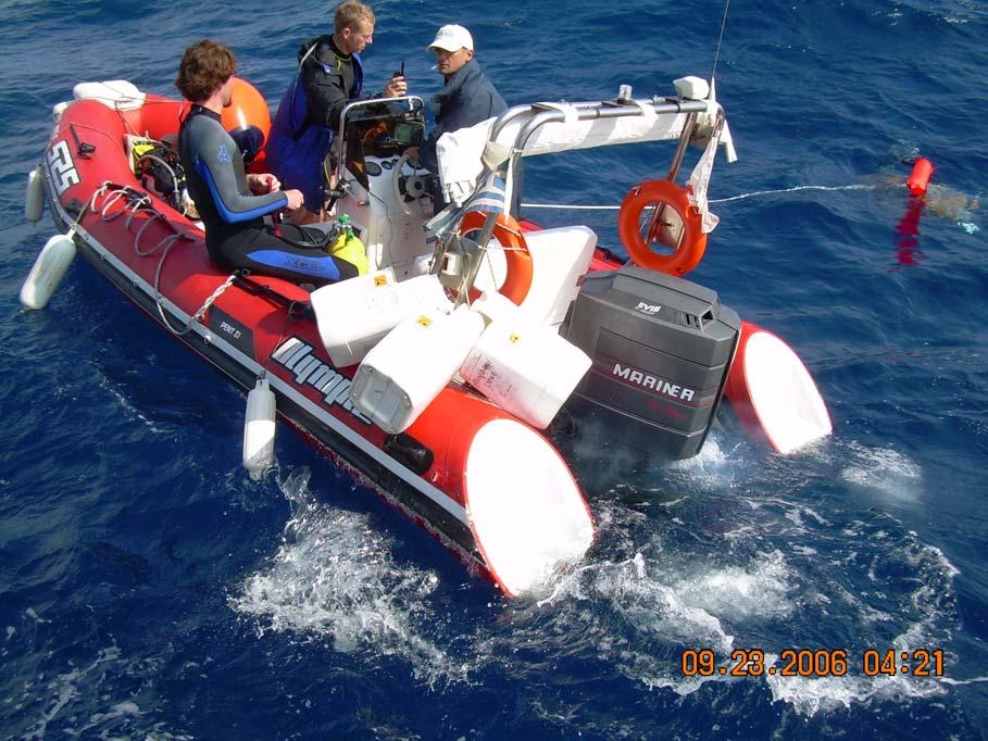 Figure 8. Surface attendants in the RHIB with buoys, lines and reserve gas for decompression (PJD). RICHIE KOHLER: The next thing to consider was that John would be eaten by a large whale.