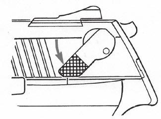 The pistol can and should be loaded and unloaded with the safety engaged in its safe position (lever fully down, white dot exposed).