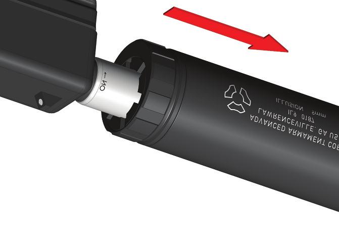 Rotate the silencer in the direction of installation, until the engraving on the silencer is in the 3 o-clock position (as seen from the rear).