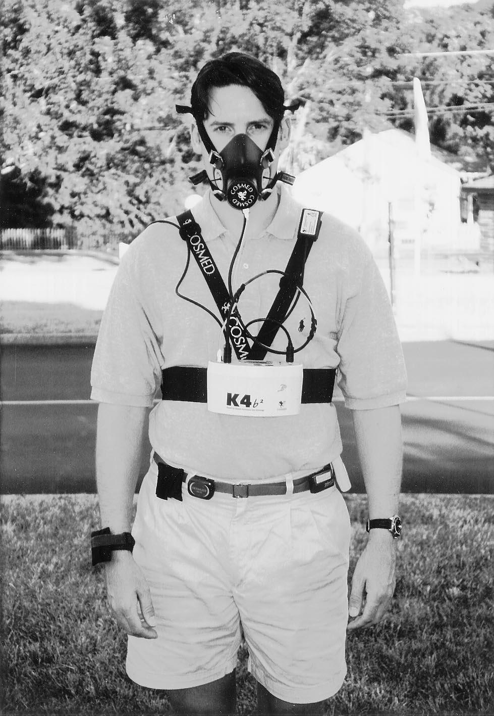 Figure 1 An individual wearing the portable indirect calorimetry system (Cosmed K4b 2 ) and four motion sensors (Computer Science and Applications, Inc., Yamax SW-701, Kenz Select 2, and Caltrac).