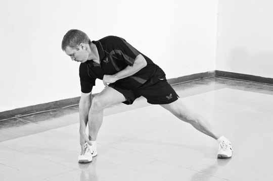 Repeat, lunging forward on your left leg. Adductor stretch.
