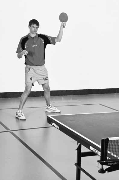Table Tennis: Steps to Success Figure 9.10 (continued) b Contact 1. Begin to transfer weight to front foot 2. Rotate shoulders 3. Bring racket up to contact ball at about waist height 4.