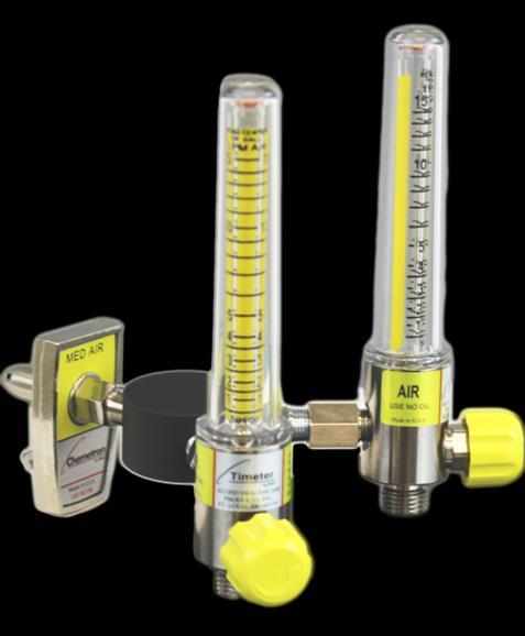The Timeter Sure Grip Flowmeter Back Fitting Medical Air Flowmeters Brass Bodied, 50 psi, Single and Dual Flowmeter Ordering Information Single Single with 1 Power Take-off Dual with Y Bar Dual with