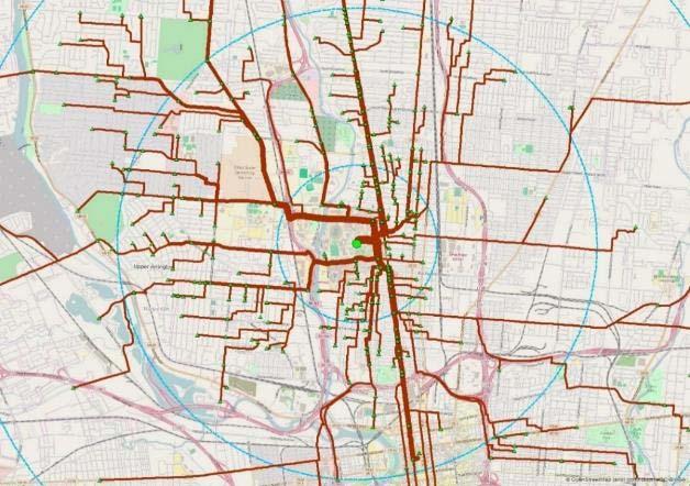 Figure 8. Shortest Routes from the Origin Points within 1 and 3 Miles of Campus Analyses on Bicycle Level of Service (BLOS) a. Data & Methodology i.