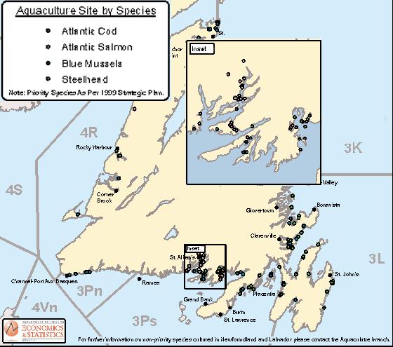 Human Activities on the South Coast of Newfoundland 82 Figure 24. Location of Aquaculture Sites in Newfoundland and Labrador. 2005. Cited and adapted from Seafood Industry Year in Review, 2005.