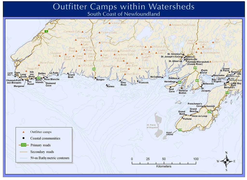 Figure 32. Outfitter camps within the watersheds of the South Coast of Newfoundland.