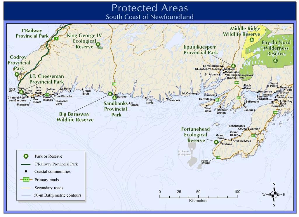 Figure 33. Protected areas of the South Coast of Newfoundland. Data from Govt of Newfoundland and Labrador, Parks and Natural Areas Division, Dept. of Environment & Conservation, Deer Lake, NL.