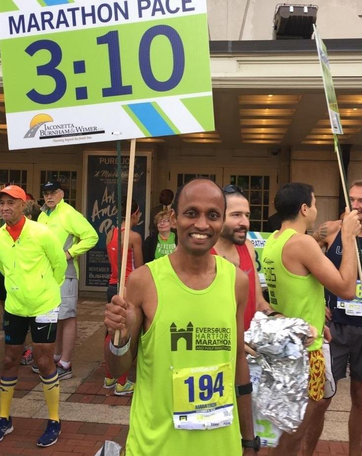 3:15 Pace Leader Suresh Jatti, Glastonbury, CT Suresh s Pacing Strategy: I follow an even pacing strategy starting with the first couple of miles on the slower side (10 to 15 sec/mi).