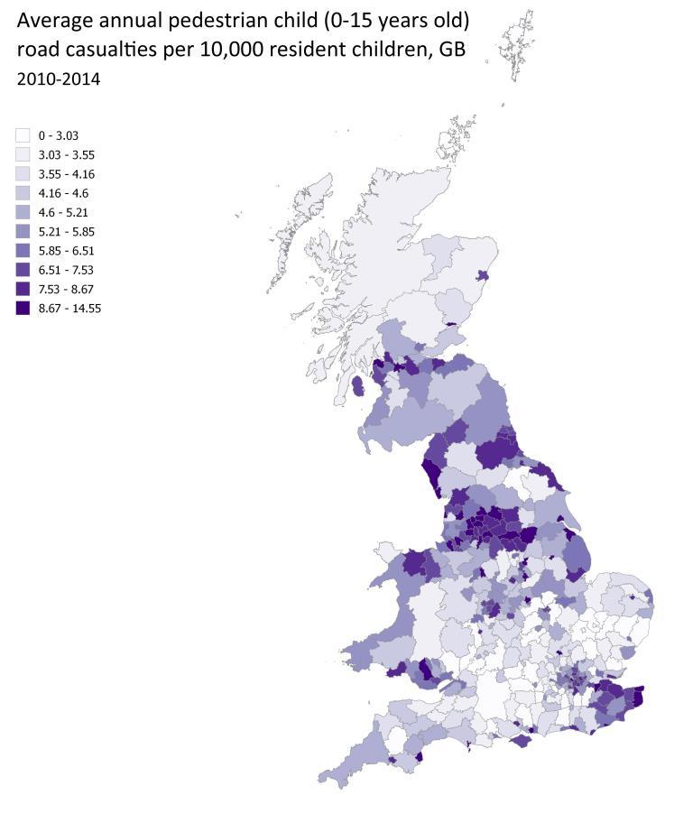 Figure 17: Average annual child (-15 years old) road casualties per 1, resident children in Great Britain, 21-214.