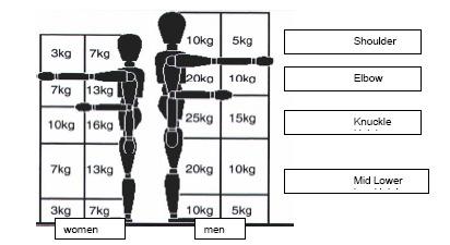 The picture below shows guideline weights for lifting and lowering Some people, depending on strength, stature and training, may be able to handle heavier weights; however it is recommended that all