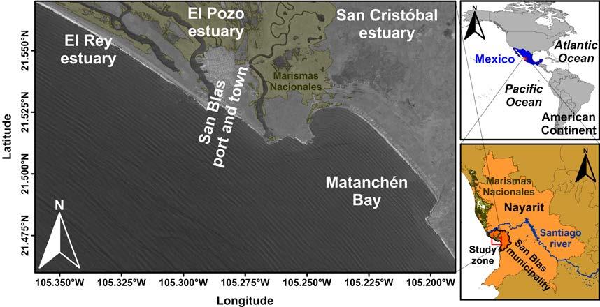 94 Martínez et al. Figure 1. Location of the study zone and its main characteristics: estuaries, Santiago River, Marismas Nacionales and San Blas (Digital Globe, 2008).