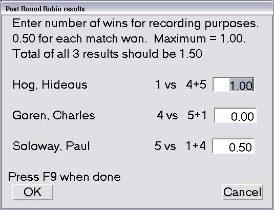 Knockout result entry is straight Win/Loss. You enter a win as a 1, a loss as a zero.